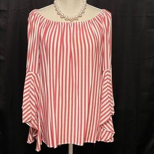 Red/White off the shoulder stripped long sleeve blouse